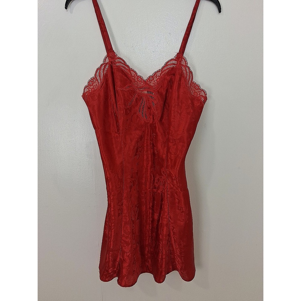 Vintage Adonna Size M Lingerie‎ Nightie Cherry Red Lace Trim Slip Dress Floral